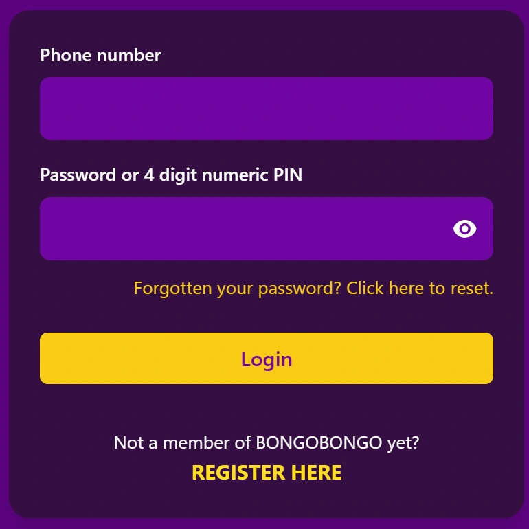 bongobongo app login screen example